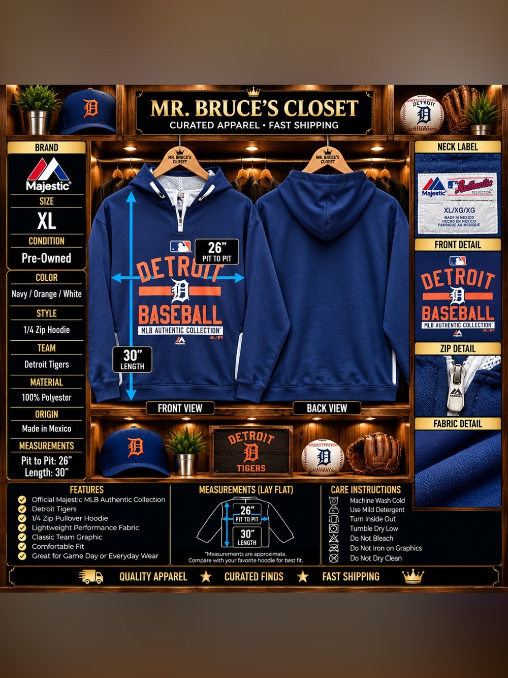 Detroit Tigers Majestic MLB Authentic Collection 1/4 Zip Hoodie XL Navy